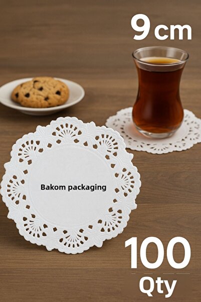 BAKOM AMBALAJ كوب شاي دانتيل ورقي 9 سم - قاعدة أطباق (دول) 100 قطعة