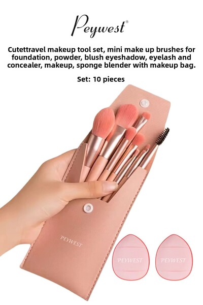 PEYWEST Pink 10 Pieces Makeup Brush and Finger Finger Sponge Set with Bag