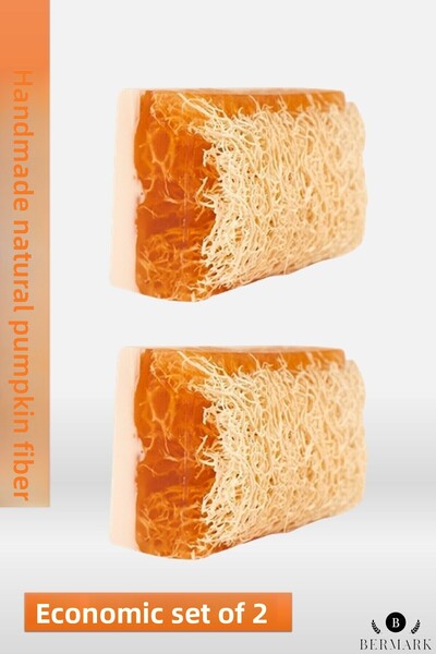 bermark مجموعة صابون عسل حليب الحمار المصنوع يدويًا من ألياف اليقطين الطبيعية مكونة من قطعتين