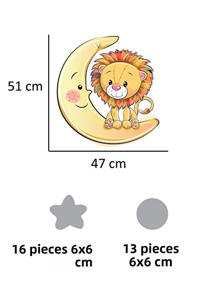 Tilki Dünyası Cute Lion on the Moon Gray Stars And Polka Dots Kids Room Wall Sticker