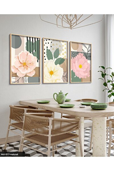 Evinemoda Pink Flower 3 Piece Wooden Framed Painting Act