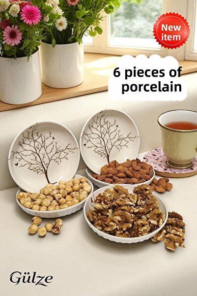 GÜLZE 6 Pieces Porcelain Snack Bowl-Present Bowl-Delight Bowl-Breakfast Bowl-Treats with Tree of Life Motif (13 cm Diameter)