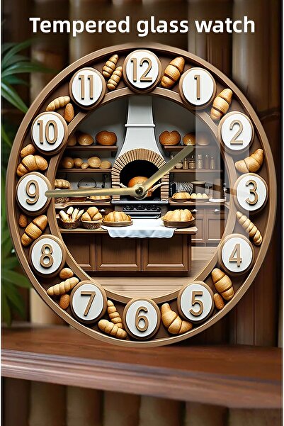 kutuTR Oven and Bread Themed Design 3D Look Tempered Glass Clock – 33 cm Csdw142
