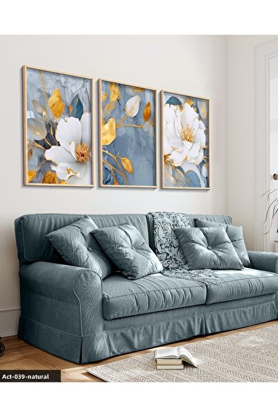 Evinemoda Blue Color Flowers 3 Piece Wooden Framed Painting Act