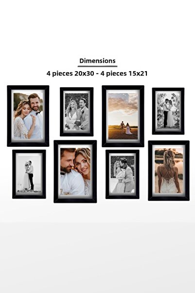 yhfoto برواز متعدد اسود - 4 قطع 20x30 - 4 قطع 15x21 - برواز صور خشب MDF مع PVC