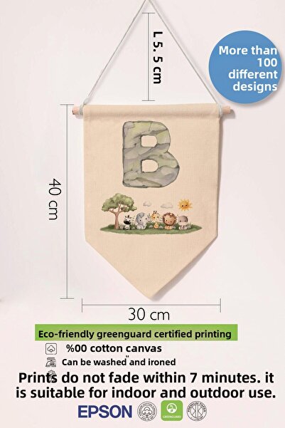 Postifull Kids Room Decor, Wall Ornament, Wooden Baby Room Decor, Canvas Pennant, Safari and Animal Letter B