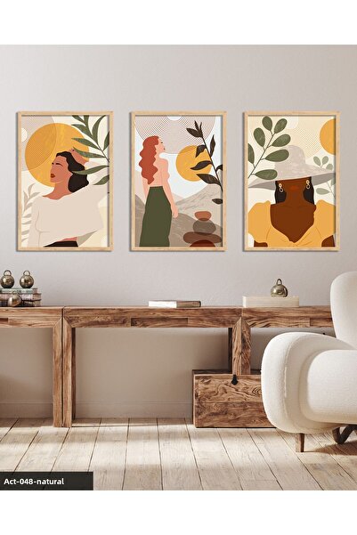 Evinemoda Boho Style Artistic Woman Portrait 3 Piece Painting with Wooden Frame Act