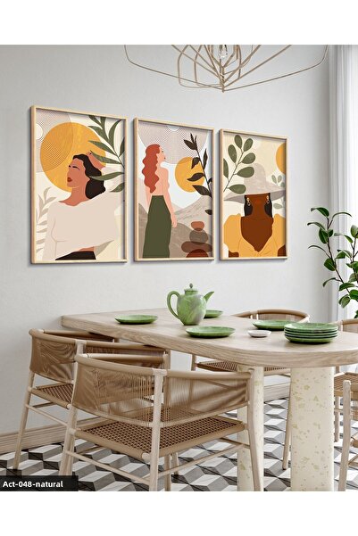 Evinemoda Boho Style Artistic Woman Portrait 3 Piece Painting with Wooden Frame Act