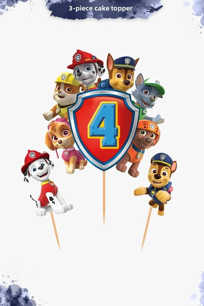 Hey Parti Paw Patrol Themed 3-Piece Cake Topper - Paw Patrol Birthday Decoration with Options for Ages 3 & 4