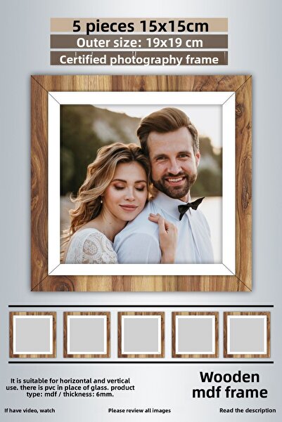 yhfoto 5 bucăți 15x15 cadru - rama foto din lemn cu dungi albe - cadru MDF - cadru pătrat