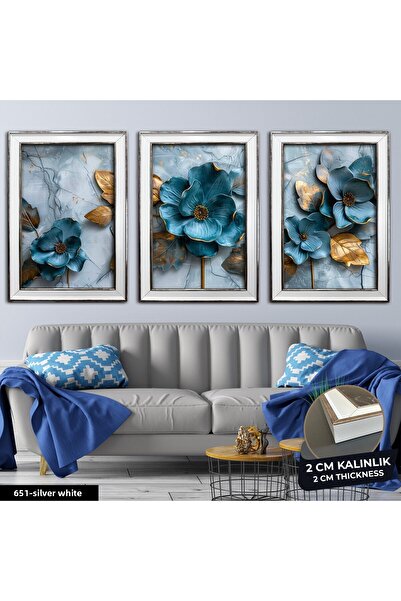 Evinemoda Blue Flower with Gold Leaves 3 Piece Framed Painting Cvplk
