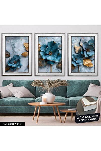 Evinemoda Blue Flower with Gold Leaves 3 Piece Framed Painting Cvplk