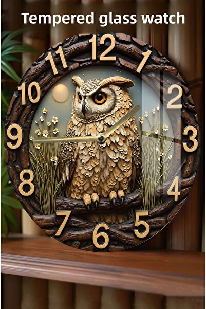 kutuTR Night Watcher Owl Patterned 3D Look Tempered Glass Clock – 33 cm Csdw166