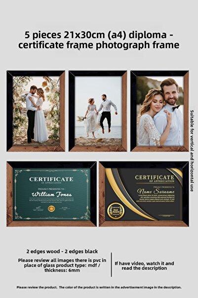 bymat 5 Pieces 21X30 Mdf A4 Frame - Photo Frame - Wooden Black 2 Colors Diploma Frame