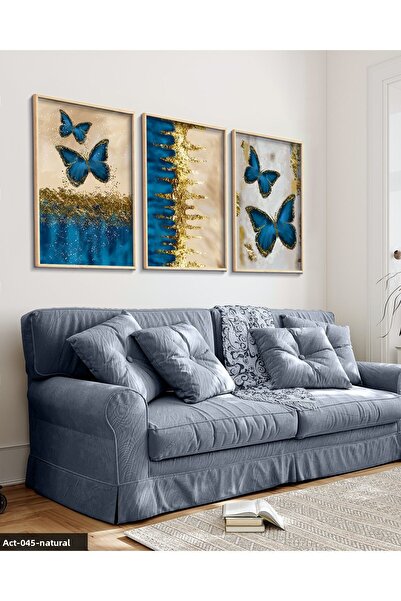 Evinemoda Blue Butterfly Gold Glittering 3 Piece Wooden Framed Painting Act