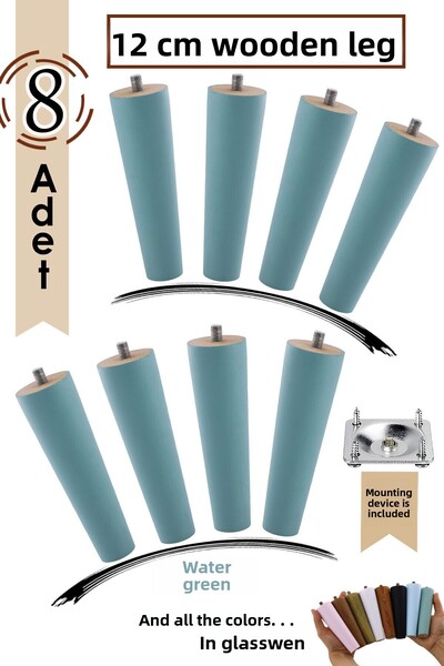 GLASWEN 8 bucăți picioare din lemn 12 cm verde apă cu dispozitive de conectare cu șuruburi M8 dulap mobilă scaun canapea suport A