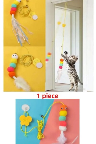 ego home Rattle Cat Toy Adhesive Cat Play Fishing Rod Colorful Pompom Caterpillar Toy Bouncing Ball