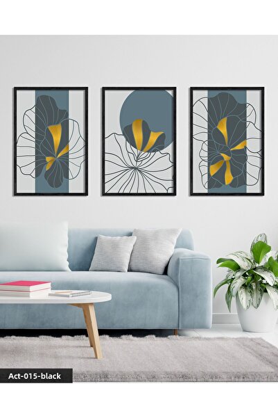 Evinemoda Drawing Flowers 3 Piece Black Wooden Framed Painting Act