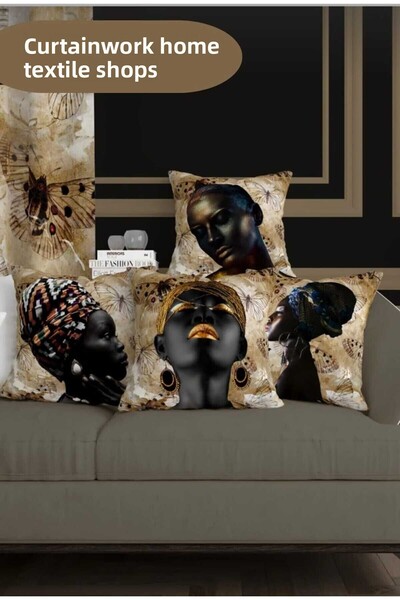 PerdeYap1980 نموذج المرأة الأفريقية والفراشات منقوشة 4 قطع غطاء وسادة مطبوع ر...