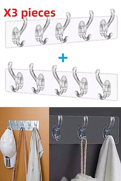 Ufak Tefek Şeyler 3 رفوف شماعات قوية وشفافة ذاتية اللصق مكونة من 5 قطع - خلف باب المطبخ وجدار الحمام