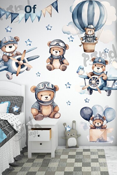 PANDA SOKAĞI norului albastru și ursulețe pilot, autocolant de perete pentru camera copiilor, 130x150CM