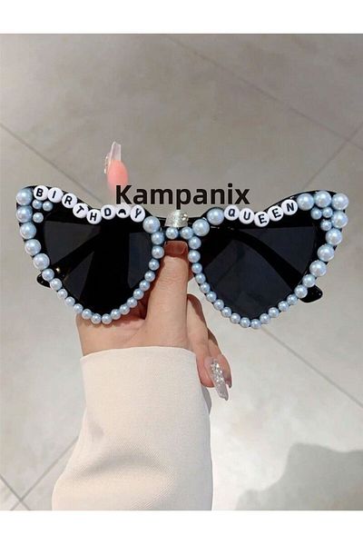 KAMPANİX Pearl Heart Birthday Glasses Birthday Queen Beaded Trend Heart Party Glasses
