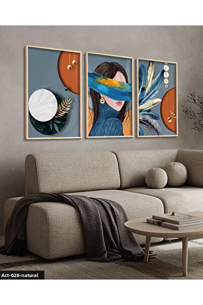Evinemoda Abstract , Artistic , Woman , Feather , 3 Piece Painting with Wooden Frame Act