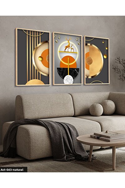 Evinemoda Gold, Deer, Geometry, Abstract, Neon 3 Piece Wooden Framed Painting Act