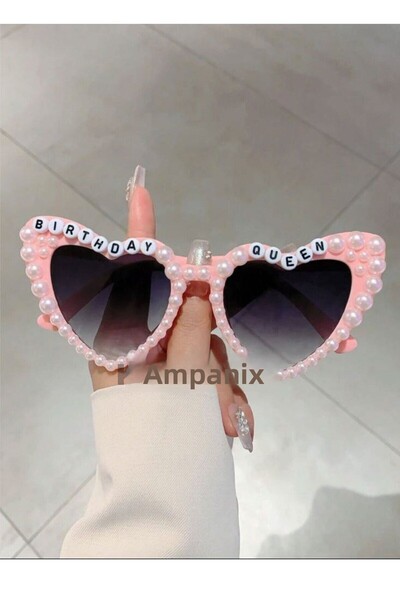 KAMPANİX Pink Birthday Glasses with Pearl Heart Birthday Queen Written Celebr...