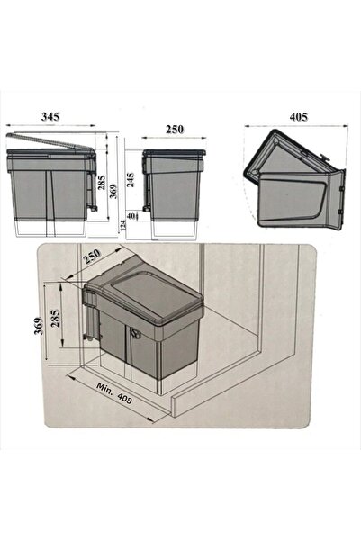 METALİ Almital Lid Mounted Trash Can Anthracite 20 Liters (Cabinet Lid Min. 45cm))