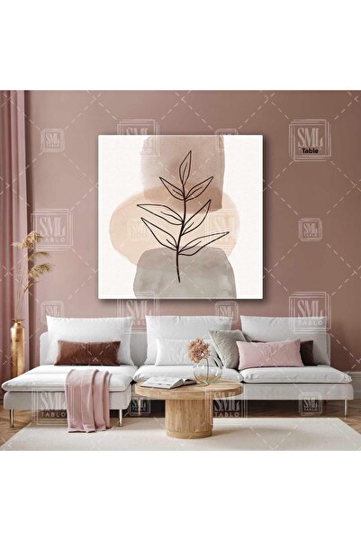 SML TABLO Αποτυπώματα και φύλλα ακουαρέλας σε καφέ τόνους Line Art Boho Square Canvas Painting