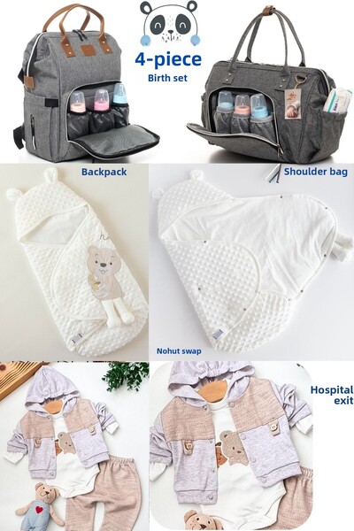 Allmart مجموعة ولادة مكونة من 4 قطع (قماط نودلز مع أزرار كبس، حقيبة ظهر وحقيب...
