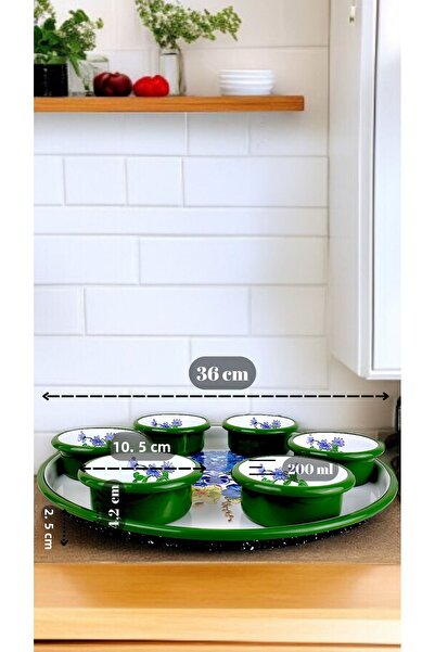 İnci Emaye 7 Piece Medium Size Patterned Enamel Breakfast Set, Presentation, Breakfast Plate, Jam Bowl, Olives, Cheese Plate