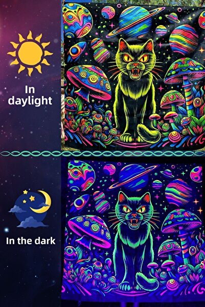 WANDER TAPESTRY قطة مخدرة في الفضاء / نيون متوهج مع ضوء أسود على الحائط، نسيج...