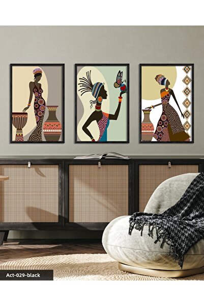 Evinemoda Ethnic African Women 3 Piece Black Wooden Framed Painting Act