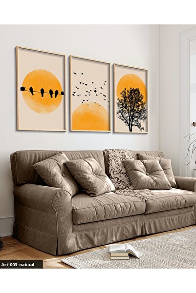 Evinemoda Abstract Nature Tree Birds Sun 3 Piece Wooden Framed Painting Act