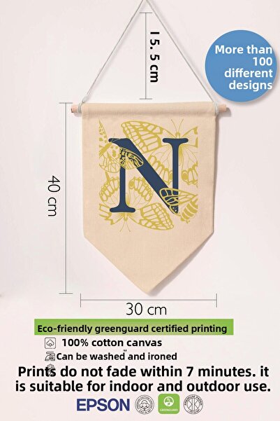 Postifull Kids Room Decor, Wall Ornament, Wooden Baby Room Decor, Canvas Pennant, Navy Blue and Yellow Floral Pattern