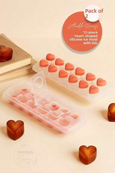 Anadolu Saray 2 Pcs Practical 12-Piece Heart-Shaped Silicone Ice Mold with Lid Silicone Bass Finger Heart Shape Ice Mold