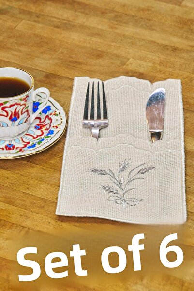 Dantelux Buzunar pentru tacâmuri și cuțite din in 6 bucăți (24x12 cm) - aurit...