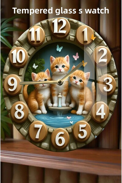 kutuTR 3D Look Tempered Glass Watch with Cute Cat Design – 33 cm Csdw201