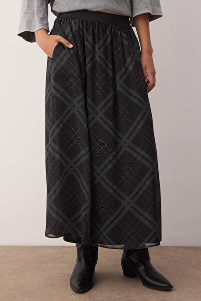 Trendyol Collection Black Chiffon Plaid/Checkered Lining Woven Maxi Long Skirt Twoaw26Et00044