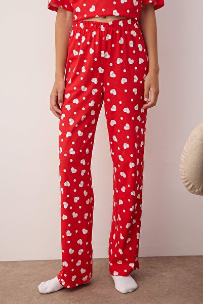 Trendyol Collection Piros 100% pamut szív kötött pizsama szett THMSS24PT00372