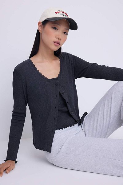 Trendyol Collection Teen Anthracite 2-Piece Fitted/Slim Fit Button Detail Ribbed Stretch Knitted Blouse Twoaw26Bz00109