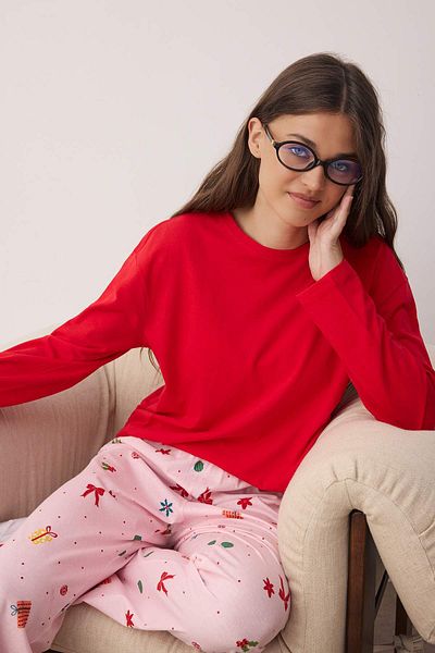 Trendyol Collection Red-Ecru 100% Cotton New Year Themed Knitted Pajama Set Thmaw26Pt00059
