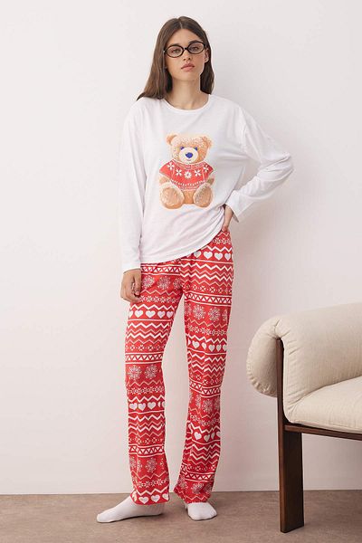 Trendyol Collection Winter Themed Knitted Pajamas Set with Red-White Teddy Bear Thmaw26Pt00047