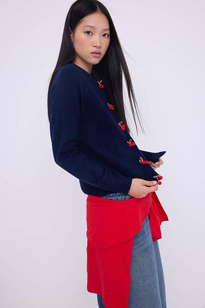 Trendyol Collection Navy Blue Crew Neck Cherry Accessory Detailed Knitwear Cardigan Twoaw26Hi00141