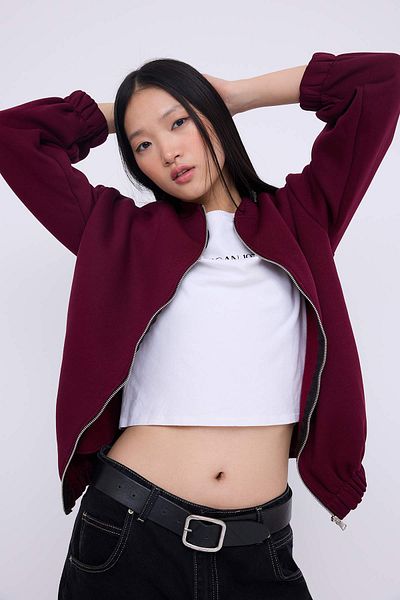 Trendyol Collection Teen Dark Burgundy Zippered Oversize/Wide Fit Thick Fleece Inside Knitted Sweatshirt Twoaw25Sw00122