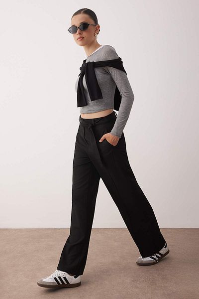 Trendyol Collection Black Belted Straight/Straight Cut Ribbed Fabric Pants Twoaw26Pl00047