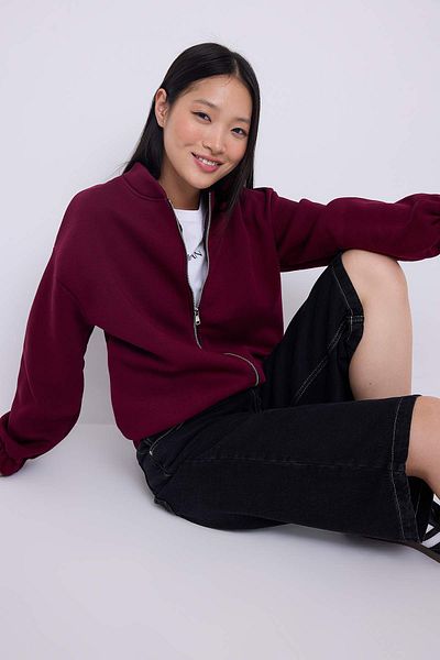 Trendyol Collection Teen Dark Burgundy Zippered Oversize/Wide Fit Thick Fleece Inside Knitted Sweatshirt Twoaw25Sw00122