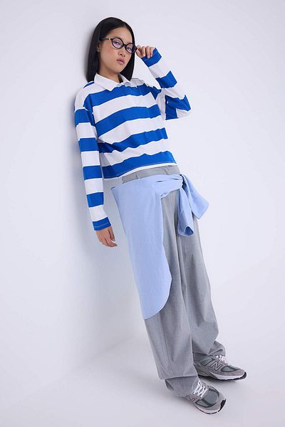 Trendyol Collection Teen Navy Blue Striped Polo Collar Relaxed Crop/Comfortable Short Knitted T-Shirt Twoaw26Ts00011